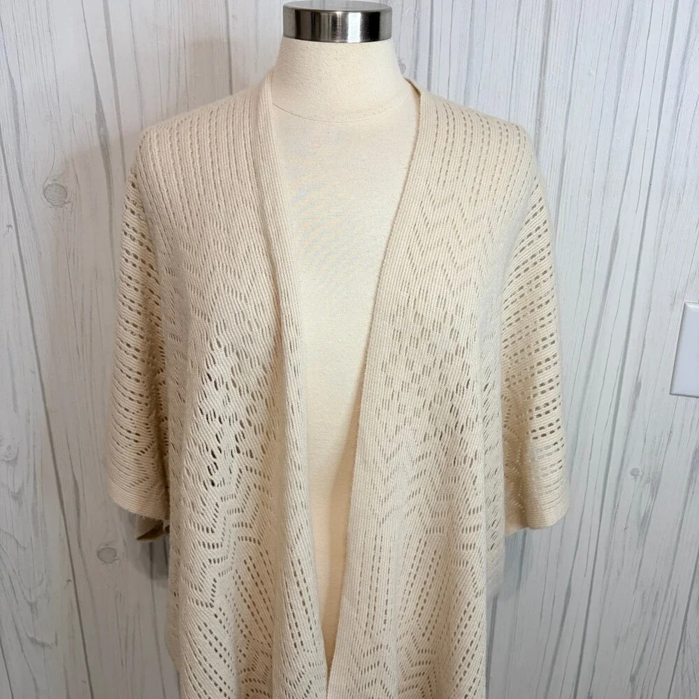 LOFT Beige Knit Boho Kimono Fringe Hem, O/S